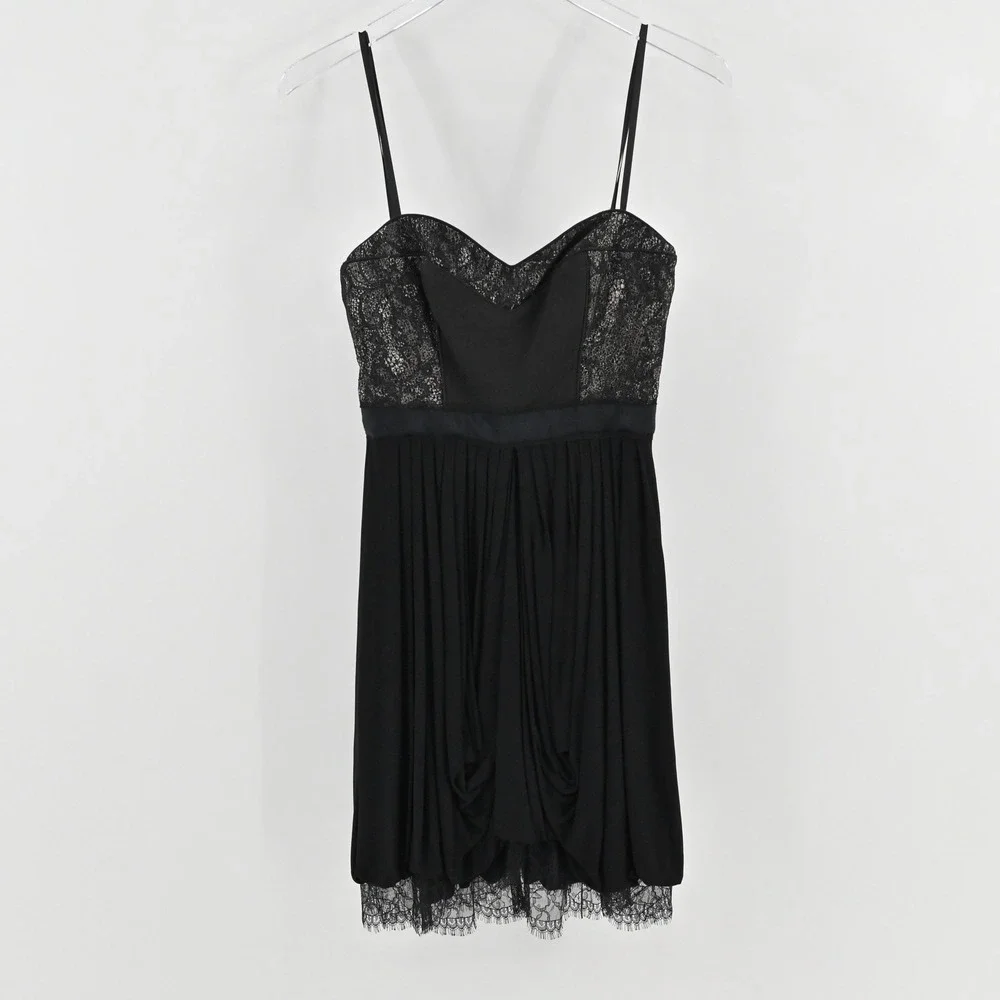 BCBGMAXAZRIA Kore Lace Strapless Mini Dress Size XS Black Goth Ruched Bubble Hem